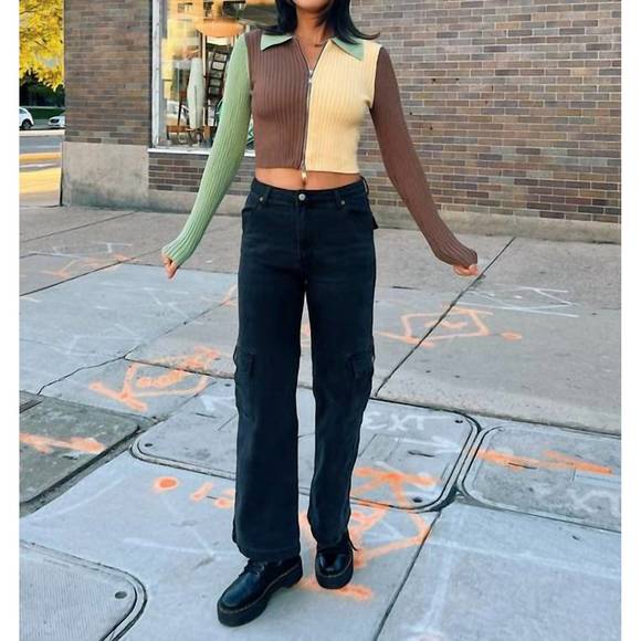 NEW PRETTY GARBAGE zip up crop cardigan in green/brown/yellow colorblock - Picture 4 of 4